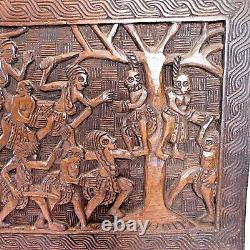 Vtg Large African Tribal War Relief Carved Wood Panel Wall Art Storyboard Plaque