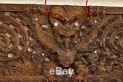 Vtg Maori Tribal Art Wood Carved Koruru Warrior Paua Shell Eye hanging panel 48