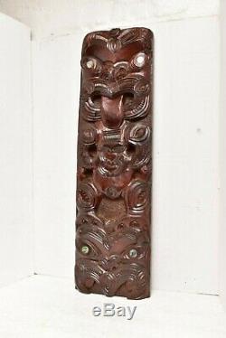 Vtg Maori Tribal Art Wood Carved Koruru Warrior Paua Shell Eyes hanging panel