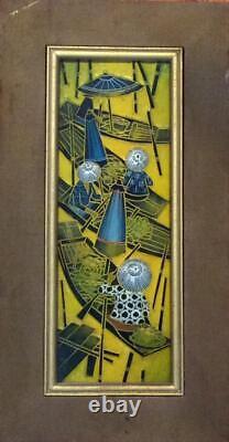 VtgHand Painted Carved wood panel Art Deco Relief Asian Yellow blue framed