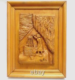 Wall Panel Wooden Vintage Carved Decor Hand Antique Old Hanging Woman Water Cave
