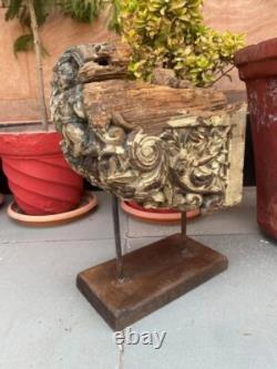 Watchman Statue Bracket 1700's Antique Wood Hand Carved Painted Panel & Stand