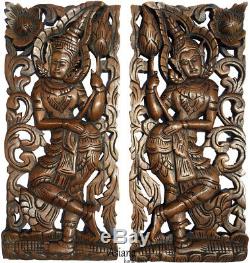 Welcome Sign Carved Wood Wall Art Panels. Asia Home Decor. Set of 2 Brown