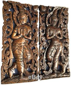 Welcome Sign Carved Wood Wall Art Panels. Asia Home Decor. Set of 2 Brown
