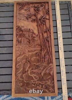 Wood Carved Panel. Decorative Asia Wall Relief Panel Sculpture Teak Wood