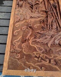 Wood Carved Panel. Decorative Asia Wall Relief Panel Sculpture Teak Wood