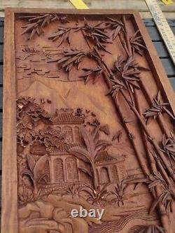 Wood Carved Panel. Decorative Asia Wall Relief Panel Sculpture Teak Wood