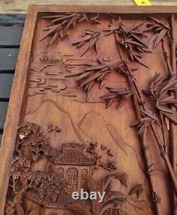 Wood Carved Panel. Decorative Asia Wall Relief Panel Sculpture Teak Wood