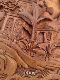 Wood Carved Panel. Decorative Asia Wall Relief Panel Sculpture Teak Wood