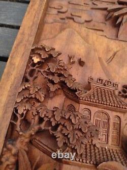 Wood Carved Panel. Decorative Asia Wall Relief Panel Sculpture Teak Wood