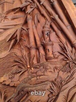 Wood Carved Panel. Decorative Asia Wall Relief Panel Sculpture Teak Wood