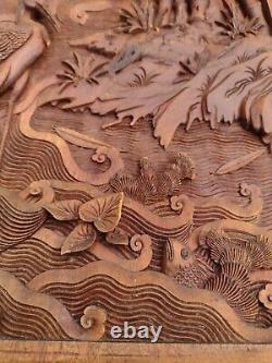 Wood Carved Panel. Decorative Asia Wall Relief Panel Sculpture Teak Wood