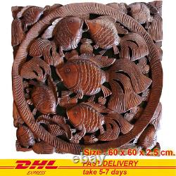 Wood Carved Panel Fish Pond Good Fortune in Feng Shui Asian Wall Art Home Decor