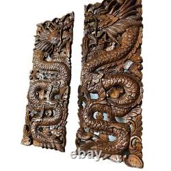 Wood Dragon Wall Hanging Thai Hand Carved Asian Art Panel Brown Home Decor 2pcs