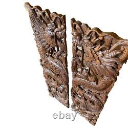 Wood Dragon Wall Hanging Thai Hand Carved Asian Art Panel Brown Home Decor 2pcs