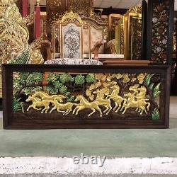 Wood Hand Carved 8 Horses Wall Hanging Panel Home Decor 100 cm x 37 cm