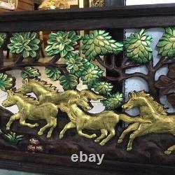 Wood Hand Carved 8 Horses Wall Hanging Panel Home Decor 100 cm x 37 cm