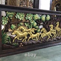 Wood Hand Carved 8 Horses Wall Hanging Panel Home Decor 100 cm x 37 cm