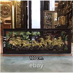 Wood Hand Carved 8 Horses Wall Hanging Panel Home Decor 100 cm x 37 cm