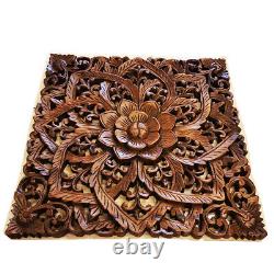 Wood Hand Carving Floral Wall Art Panel Sculpture Home Decor Square 45x45x2cm