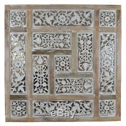 Wood Mirror with Carved Panel Design in Natural Wood and White Distress Finish