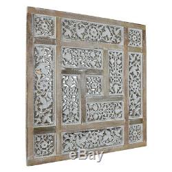 Wood Mirror with Carved Panel Design in Natural Wood and White Distress Finish