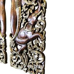 Wood Panel Elephant Antique Wall Hanging 2pcs Thai Carved Asian Sculpture Style