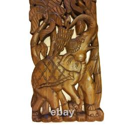 Wood Panel Elephants Hand Carving Antique Style Art Wall Hanging Home Decor