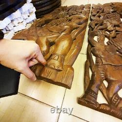Wood Panel Elephants Hand Carving Antique Style Art Wall Hanging Home Decor