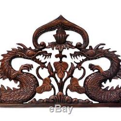Wood Relief Panel'Guardian Dragons' Wall Sculpture Hand Carved NOVICA Bali