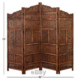 Wood Room Partition Divider 4 Panel Carved Screen. Asian India Antique Decor