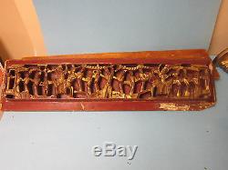 Wood Vintage Hand Carved Asian Architectural Red Gilt Panel Plaque Chinese #2
