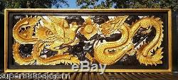Wood Wall Decor Gold Dragon Phoenix Art Carving Home Sculpture 19 x 35