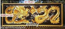 Wood Wall Decor Gold Dragon Phoenix Art Carving Home Sculpture 19 x 35