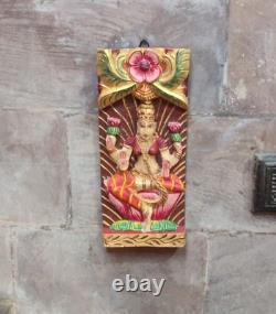 Wood laxmi panel hand carved rustic distressed finished wall decor Hindu goddess