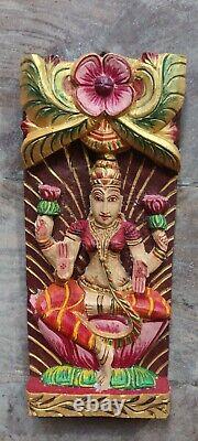 Wood laxmi panel hand carved rustic distressed finished wall decor Hindu goddess