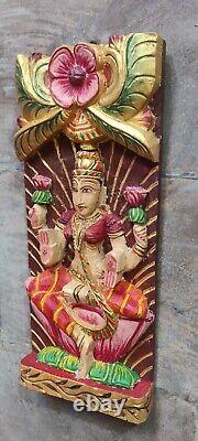 Wood laxmi panel hand carved rustic distressed finished wall decor Hindu goddess