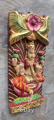 Wood laxmi panel hand carved rustic distressed finished wall decor Hindu goddess