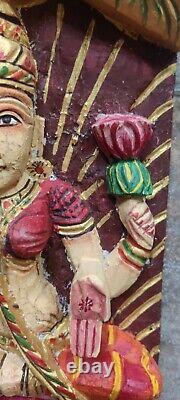 Wood laxmi panel hand carved rustic distressed finished wall decor Hindu goddess