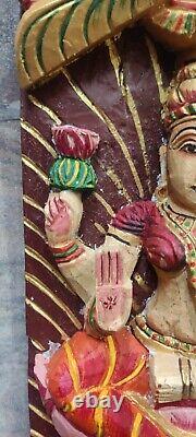 Wood laxmi panel hand carved rustic distressed finished wall decor Hindu goddess