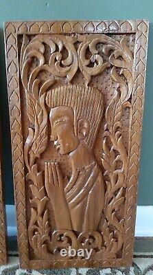 Wooden Carved Budda Meditation Asian Wall Panel Art Plaques Lot of 2 Vintage
