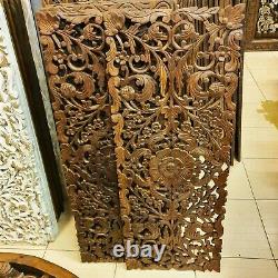 Wooden Hand Carved Wall Art Thai Teak Relief Panel Asian Home Décor 35 x 90 cm