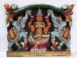 Wooden Wall Panel Gajalakshmi, South Indian God Wood Hand Carving 15 in Length