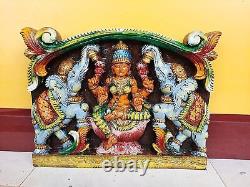 Wooden Wall Panel Gajalakshmi, South Indian God Wood Hand Carving 15 in Length