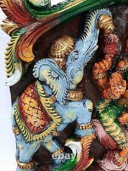 Wooden Wall Panel Gajalakshmi, South Indian God Wood Hand Carving 15 in Length