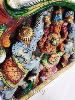 Wooden Wall Panel Gajalakshmi, South Indian God Wood Hand Carving 15 in Length