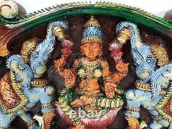 Wooden Wall Panel Gajalakshmi, South Indian God Wood Hand Carving 15 in Length