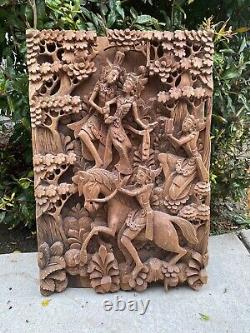 Wooden carved Wall Panel Hindu God Ganesh Laxmi Saraswati Decor Antique Temple