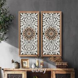 XIAOAIKA Carved Wood Wall Art Decor Floral Design Panel, Distressed Carved