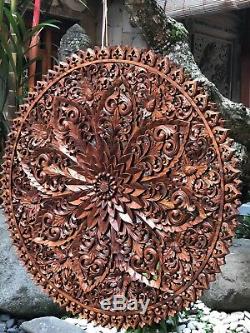 XL 40 Round Wood Relief Panel Hand Carved Flower Wall Sculpture Floral Carving
